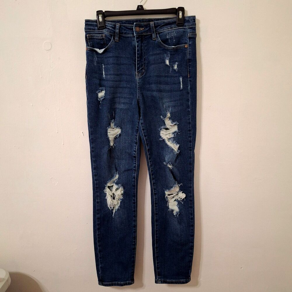 Judy Blue Distressed BF Fit Stretch Jeans Womens 5/27 Dark Wash Y2K Festival
